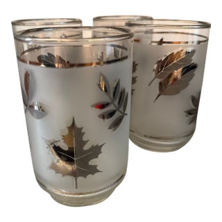 Vintage Mid Century Modern Libbey Frosted Gorgeous Glass Silver Leaf Set of 4 Glass Tumblers For Sale