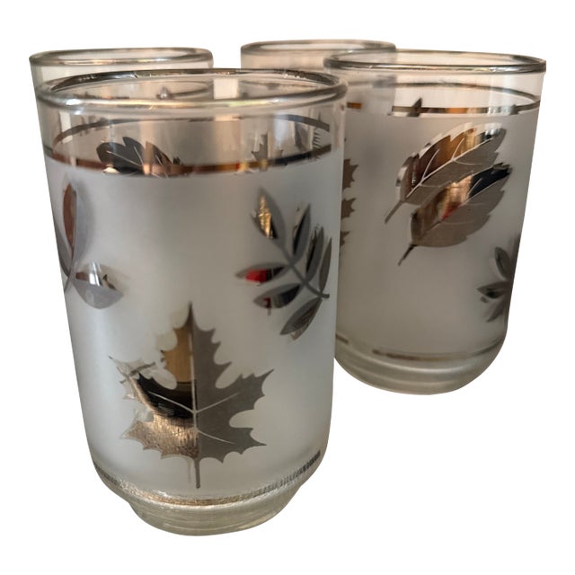 Vintage Mid Century Modern Libbey Frosted Gorgeous Glass Silver Leaf Set of 4 Glass Tumblers For Sale