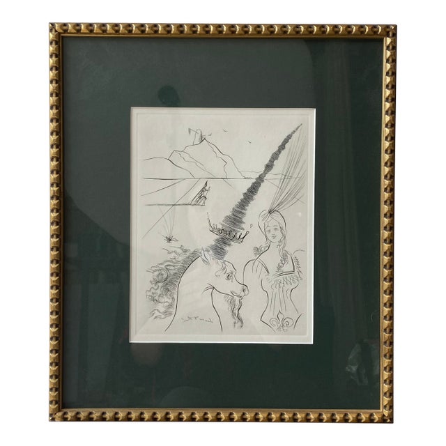 Mid 20th Century Salvador Dali Lady & the Unicorn Etching For Sale