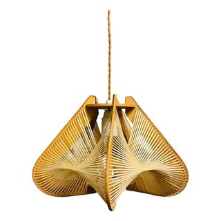 Vintage Wood and Straw Hanging Lamp, 1960s For Sale