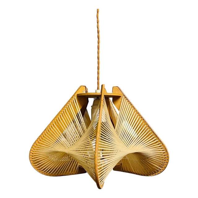 Vintage Wood and Straw Hanging Lamp, 1960s For Sale