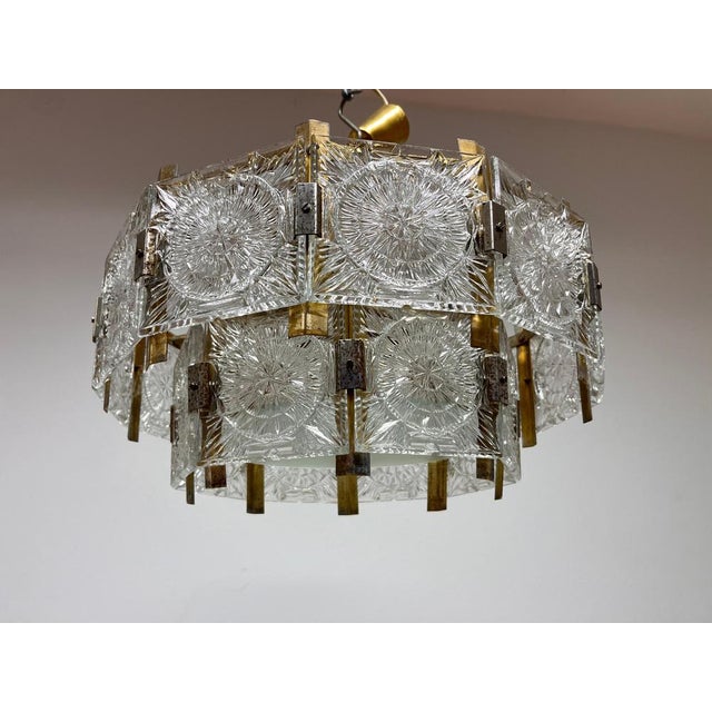 Mid-Century Glass and Brass Chandelier by Jaroslav Bejvl for Kamenicky Senov, 1970s For Sale - Image 9 of 10