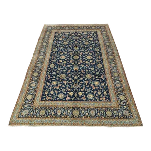 Kashan Rug 9'6'' X 13'3'' Blue Wool Vintage Traditional Hand-Knotted Carpet
