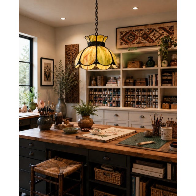 American Antique Avocado Ceiling Light Shade With Slag Glass and Bronze Bands For Sale - Image 3 of 18