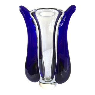 Jaroslav Svoboda Karlov Art Glass Vase Clear and Blue, Signed For Sale