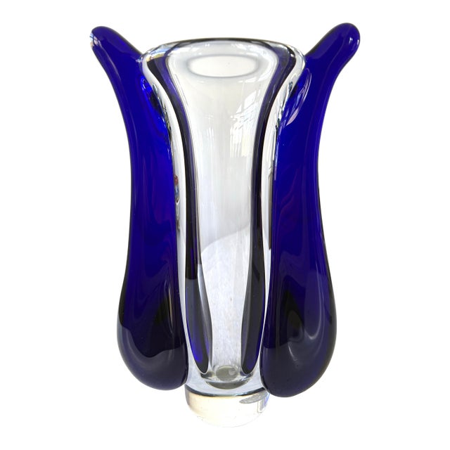 Jaroslav Svoboda Karlov Art Glass Vase Clear and Blue, Signed For Sale