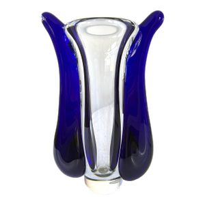 Jaroslav Svoboda Karlov Art Glass Vase Clear and Blue, Signed
