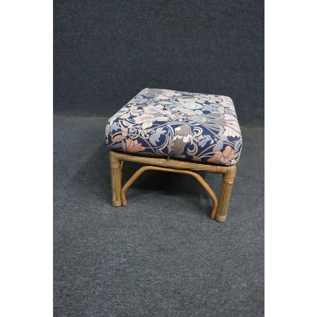 Mid-Century Modern Split Reed Rattan Ottoman With William Morris Style Floral Upholstery For Sale - Image 3 of 5