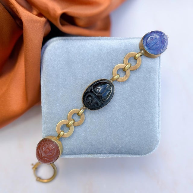 Antique Egyptian Revival Glass Scarab Bracelet, 1920s For Sale - Image 4 of 11