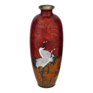 Large Antique Meiji Japanese Cloisonne Enamel Red Crane Vase