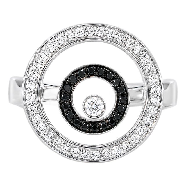Late 20th Century 14K White Gold Black Diamond Disc Floating Ring, Size 6.5 For Sale