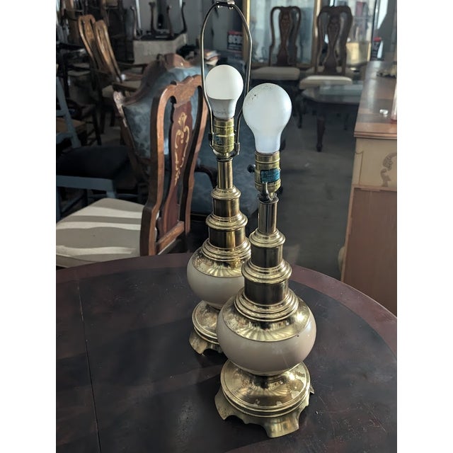 Mid-Century Modern Mid 20th Century Brass & Cream Ostrich Egg Table Lamps - a Pair For Sale - Image 3 of 7