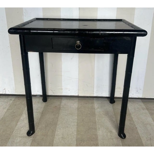 19th Century French Faux Bamboo Black Side Table With Drawer and Flared Feet. For Sale - Image 9 of 10