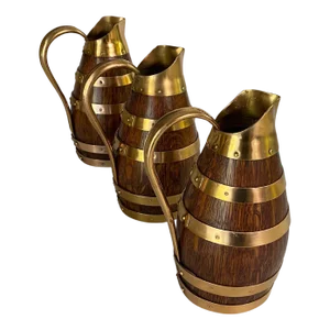 Oak and Brass Barrel Form Pitchers from Gerard Lafitte, France, 1933, Set of 3