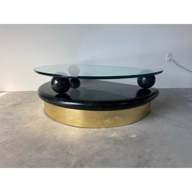 1980’s Postmodern Tessellated Stone and Brass Half-Moon Coffee Table With Glass Top/ Sold For Sale - Image 11 of 12