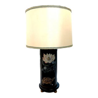 Vintage Fornasetti Style Black Tole Accent Lamp With Botanical & Animal Motifs For Sale