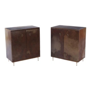 A Pair of Dark Parchment Covered Two Door Cabinets C 1950 For Sale