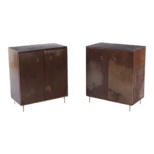 Pair Parchment Covered Two Door Cabinets C 1950 Having Adjustable Shelves and Bronze Ring Hardware and Feet.