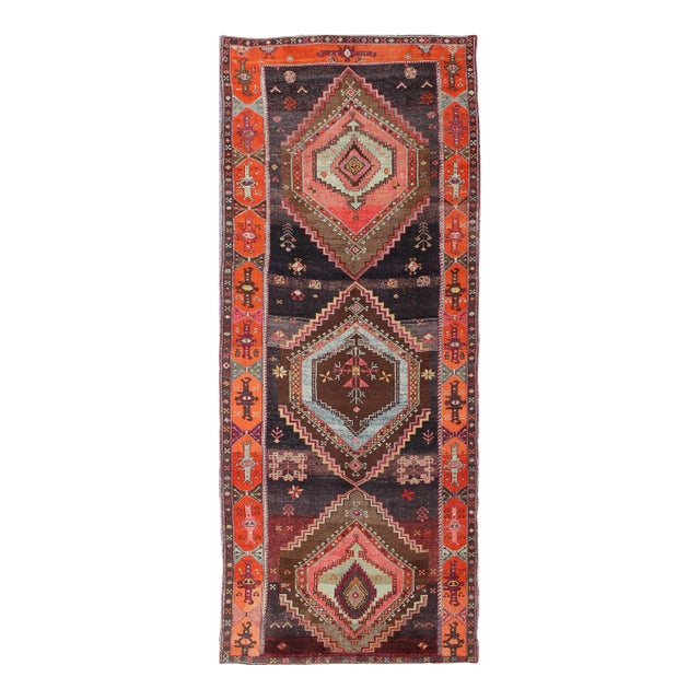 Large Gallery Rug With Geometric Medallions in Dark Brown, Orange & Multi Colors 6'8"x16'8" For Sale