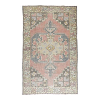 Vintage Turkish Oushak Rug – Hand-Knotted Wool in Soft Coral, Slate Blue & Buttercream -4' 2'' X 8' For Sale