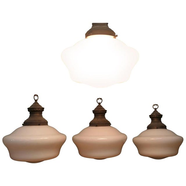 Large Industrial Ceiling Lights with Glass Shades, 1930s, Set of 4 For Sale - Image 8 of 8