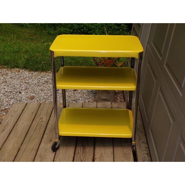 Yellow Vintage Industrial Yellow Cosco Chrome Kitchen 3 Shelf Utility Cart With Wheels For Sale - Image 8 of 18