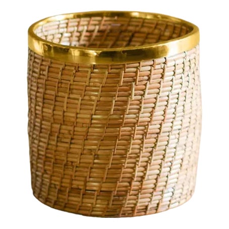 Wicker and Brass Vase Holder, 1980s For Sale