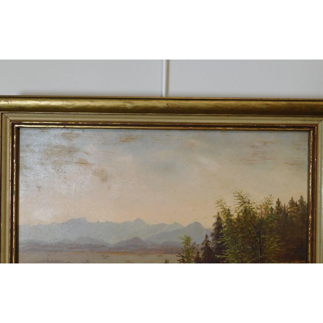 Mountain Valley Scene Framed Oil Painting On Board - Artist's Signature Illegible For Sale - Image 10 of 13