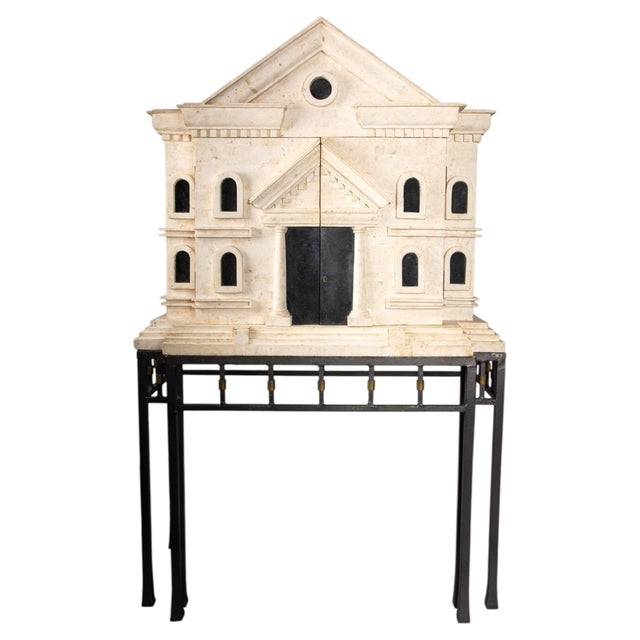 1980s Monumental Fossil Stone and Black Marble Bar - Cabinet with Brass and Iron Base For Sale