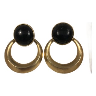 1970s Trifari Black Enamel & Gold Door Knocker Earrings, A Pair For Sale