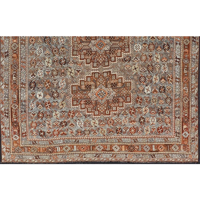 Tribal Early 20th Century Geometric Persian Shiraz Rug With Tri-Medallion Design in Shades Orange Blue For Sale - Image 3 of 13