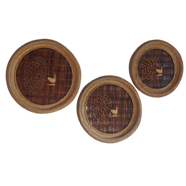 Brown Set of 3 Wicker Rattan MCM Wall Hangings Peacocks Seed Art Round Graduated Sizes For Sale - Image 8 of 10