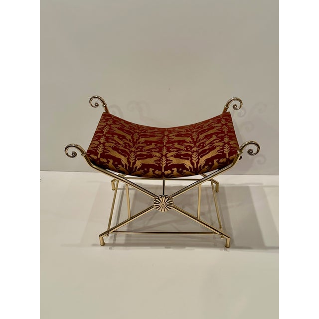 Metal Hollywood Regency Italian Brass Bench With Printed Leather Upholstery For Sale - Image 7 of 12
