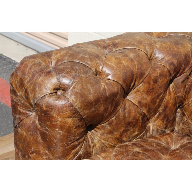 Industrial Aviator Chesterfield Sofa in Distressed Brown Leather & Riveted Aluminum Panels For Sale - Image 9 of 18