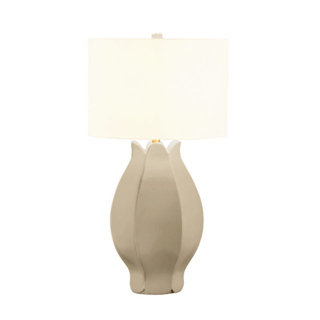 Worlds Away Matthew Izzo Home Mae Beige Glaze Ceramic Table Lamp With Brass Accents and Shade For Sale - Image 4 of 6