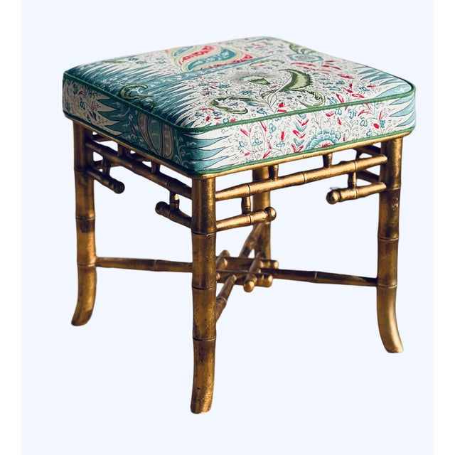 Hollywood Regency Chinese Chippendale Giltwood Faux Bamboo Bench in Quadrille Les Indiennes For Sale - Image 3 of 18