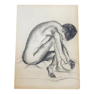 Late 20th Century "Crouching Female Nude Study #4" Charcoal Drawing by Curtis For Sale