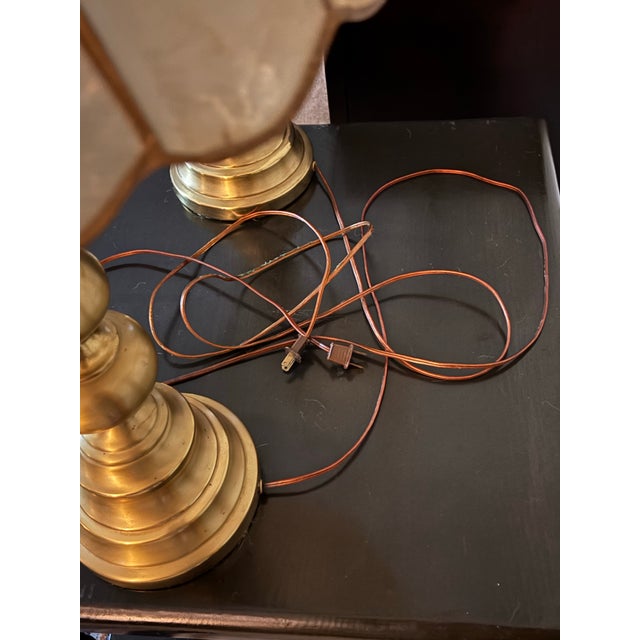 Metal Vintage Brass Capiz Shell Lamp Set For Sale - Image 7 of 12
