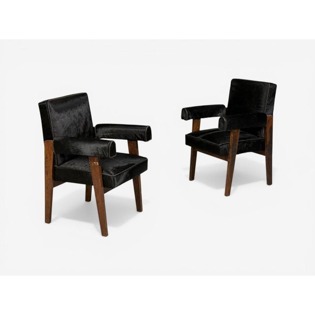 Mid-Century Modern Pierre Jeanneret, Advocate Armchairs, Black Cowhide, Teak, Chandigarh, 1960s For Sale - Image 3 of 10