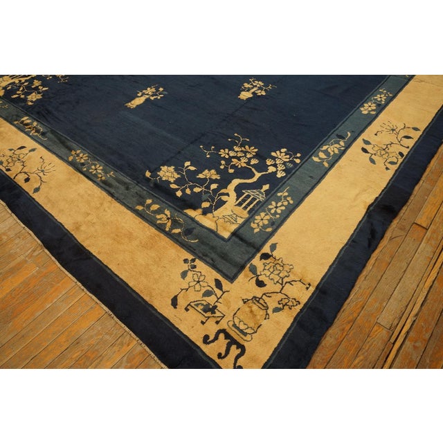 1900s Deep Navy Blue Open Field Chinoiserie Antique Chinese Peking Rug For Sale - Image 9 of 14
