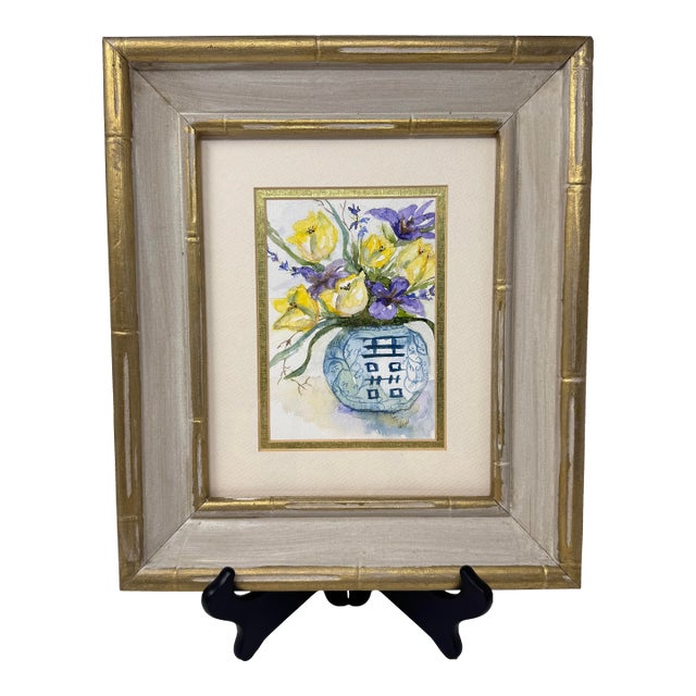 Original Watercolor Floral in Bamboo Frame – Chinoiserie Style For Sale