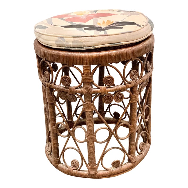 Vintage Wicker Stool With Cushion For Sale