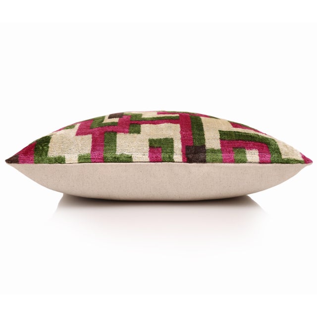 Textile Modern Geometric Silk Velvet Pillow 20x20 | Handmade Pink & Green Designer Cushion For Sale - Image 7 of 8