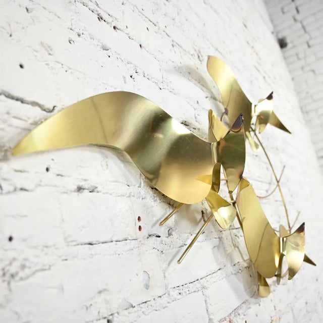 1980s Mid Century Modern 1985 C Jere Brass Plated Bird Flock of Seagulls Wall Sculpture Signed For Sale - Image 5 of 13
