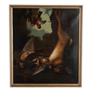 19th Century Original Oil on Canvas Nature Morte Still Life With Hare and Birds For Sale