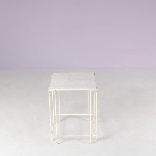 Modern Side Table in Beige Metal Frame with Travertine Top in the style of Max Sauze, 1980s For Sale - Image 3 of 8