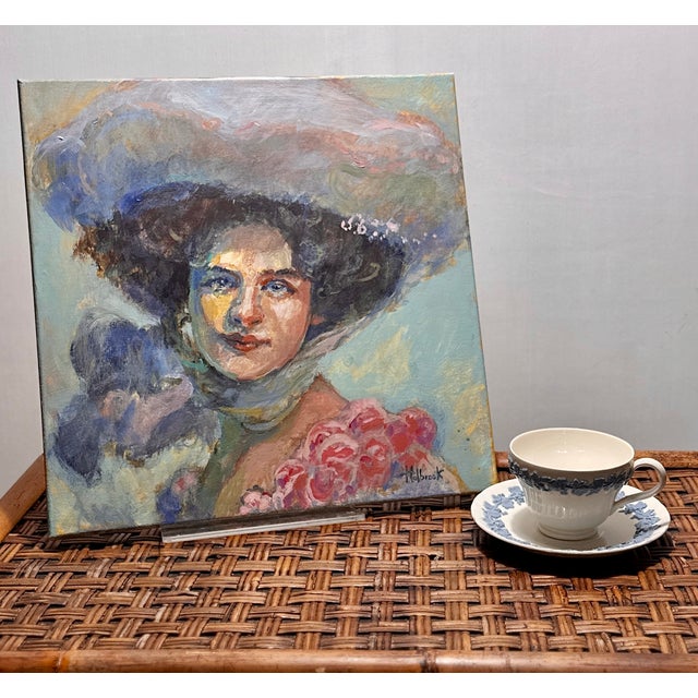 Vintage Painting of an Edwardian Woman With Hat & Scarf For Sale - Image 9 of 9