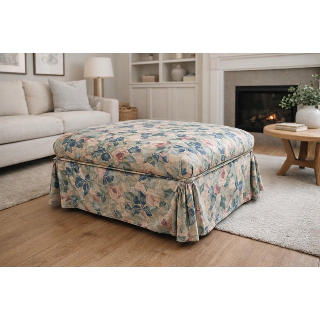 Eggshell Vintage 1980s Cottage-Style Floral Upholstered Ottoman on Casters For Sale - Image 8 of 8
