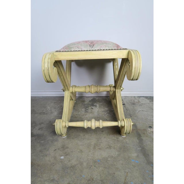 Italian Style "X" Bench With Chinoiserie Linen Seat For Sale - Image 4 of 10