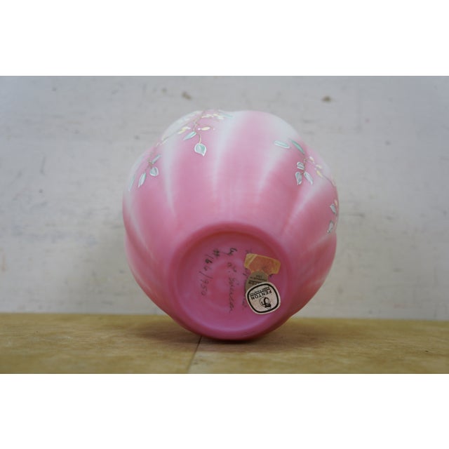 1992 Fenton Rosalene Pink Twining Floral Satin Glass Melon Vase Urn 7" For Sale - Image 11 of 13